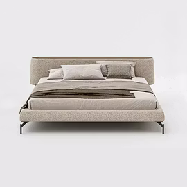 Front elevation of Gala bed showcasing wide cushioned headboard and minimalist platform frame with b
