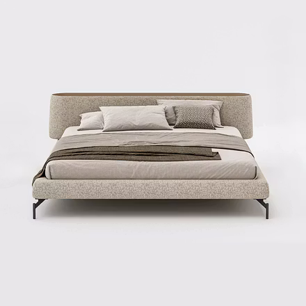 Front elevation of Gala bed showcasing wide cushioned headboard and minimalist platform frame with b