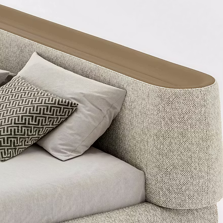Close-up view of Gala headboard corner showing boucle-style textured fabric and integrated wood top