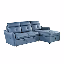 Alto blue L-shaped sofa cum bed in compact position with chaise (right) — tufted cushions and modern