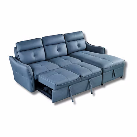 Alto convertible sofa cum bed with pull-out sections extended into bed mode showing full sleeping su