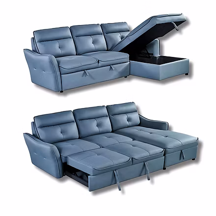 Alto L-shaped sofa cum bed with chaise lifted to show hidden storage compartment inside lounger.
