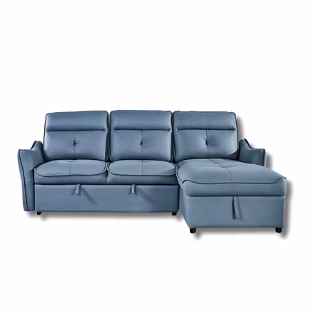 Front view of Alto blue sofa cum bed — tufted seat and back cushions, convertible pull straps visibl