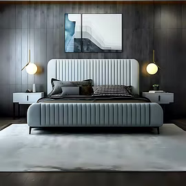 Front view — Straffi upholstered bed by Woodkraft Studio in soft grey upholstery, vertical channel h