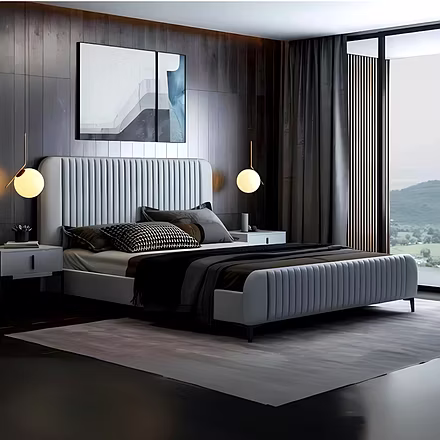 Angled perspective — Straffi upholstered bed (grey) showing side profile, platform base and bedside