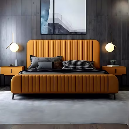 Front view — warm tone — Straffi upholstered bed in warm tan upholstery with channelled headboard an