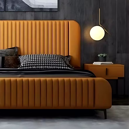 Close-up detail — Straffi bed headboard and footboard channel stitching, bedside pendant lamp and te