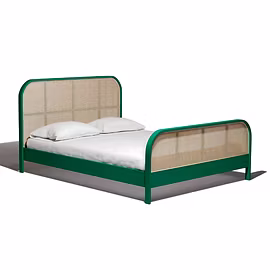 Essence teakwood bed by Woodkraft Studio — King/Queen size, three-quarter view in jewel-green finish