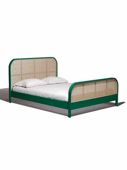 Essence teakwood bed by Woodkraft Studio — King/Queen size, three-quarter view in jewel-green finish