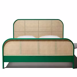 Front view of Essence teakwood bed — King/Queen size, jewel-green frame and woven PVC rattan headboa