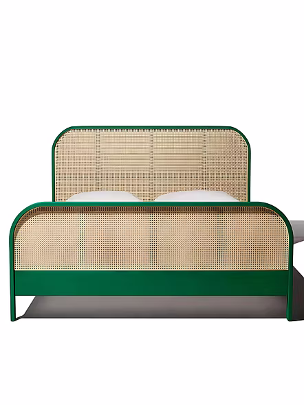Front view of Essence teakwood bed — King/Queen size, jewel-green frame and woven PVC rattan headboa