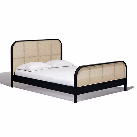 Three-quarter view of Essence teakwood bed in matte black — King/Queen size, solid teak frame with P