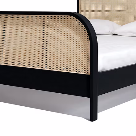 Corner detail close-up of Essence teakwood bed in black finish — King/Queen size, rounded headboard/