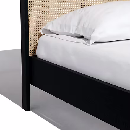 Side-leg and mattress detail of Essence teakwood bed — King/Queen size, black finish, showing slat c