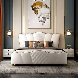 Luxury upholstered bed with tall tufted headboard in modern bedroom – King and Queen size options.