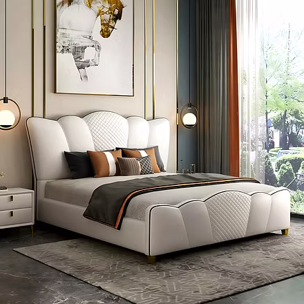 (Angled Room View): Modern upholstered bed Tweetie design with quilted headboard and gold accents – 