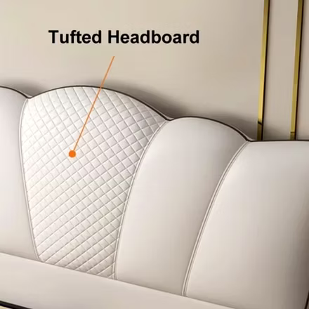 (Headboard Close-up): Close-up of Tweetie upholstered bed’s tufted diamond-stitched headboard – prem