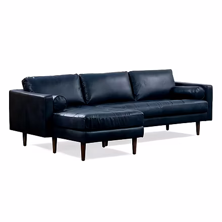 Angled view of blue Alba sectional sofa l shape armrest with bolster cushion