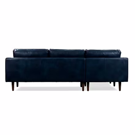 Back design of blue Alba sectional sofa with tapered wooden legs
