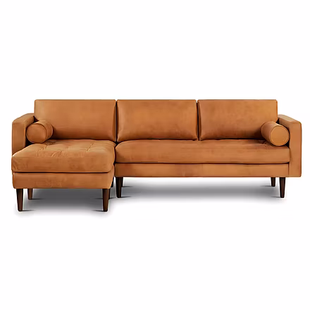 Front view of tan Alba L Shape Sofa sectional with chaise and cushions