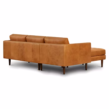 Angled side view of tan Alba L Shape Sofa sectional with wooden legs