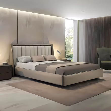 Linea upholstered bed (king and queen sizes) full view with a tall grey tufted headboard in a modern