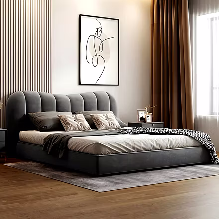 Elle Upholstered Bed by Woodkraft Studio with plush channel-tufted headboard, available in customisa