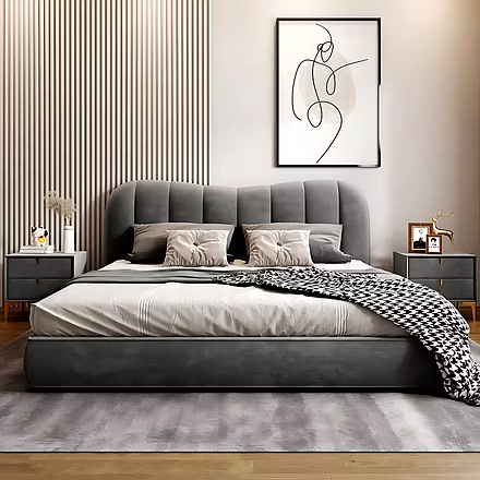 Front view of Elle Upholstered Bed in modern bedroom setup – luxury customisable upholstered bed in
