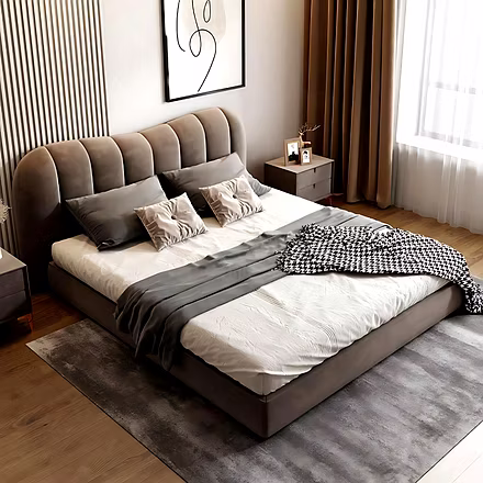 Elle Upholstered Bed with low-profile frame and elegant fabric finish – customisable King and Queen