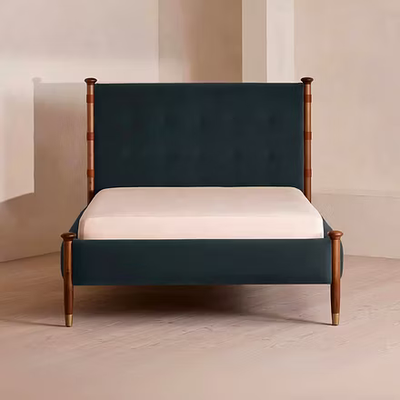 Victorian upholstered bed with solid teakwood pillars – front-facing view, king and queen size.