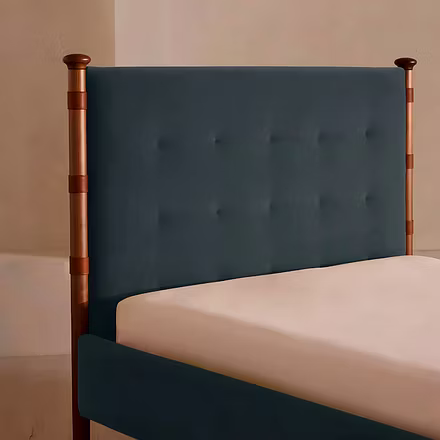 Headboard design of Victorian upholstered bed with teakwood pillars and tufted upholstery – availabl