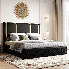 Tune upholstered bed in black with gold accents, luxury king and queen size bed design by Woodkraft 