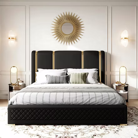 Modern upholstered bed with tall headboard and quilted base in black, available in customisable king