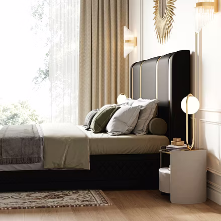 Tune upholstered bed in black fabric with premium stitching and customisable options, stylish king a