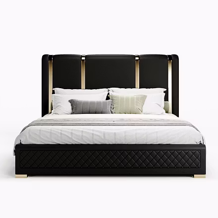Front view of Tune upholstered bed in black upholstery with golden trims, handcrafted luxury bed des