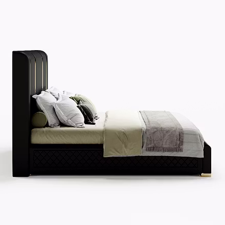 Profile view of Tune upholstered bed in black with quilted detailing, customisable king and queen si