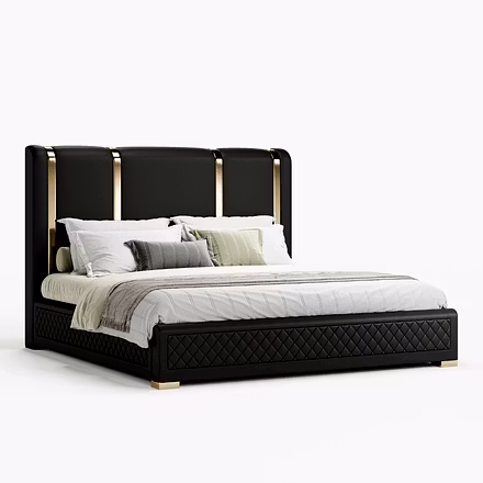 Angled shot of Tune upholstered bed with padded headboard and gold accents, luxury bedroom furniture