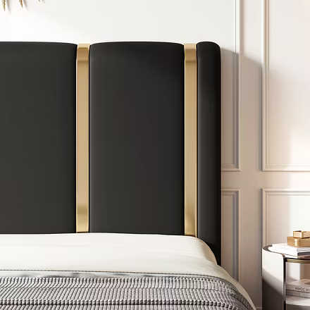 Detailed headboard view of Tune black upholstered bed with gold vertical strips, Woodkraft Studio fu