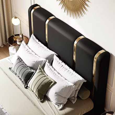 Top perspective of Tune upholstered bed in black with layered cushions, elegant king and queen bed.