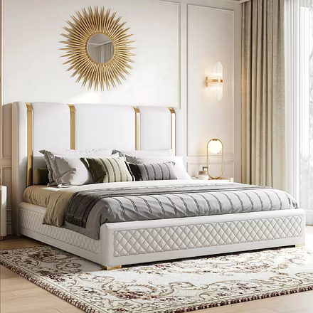 Tune upholstered bed in beige with gold accents, luxury king and queen size customisable bed.