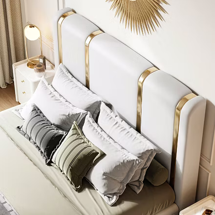 Top perspective of Tune upholstered bed in beige with layered cushions, elegant customisable bed.