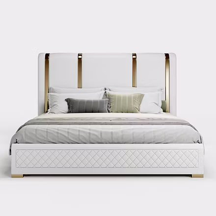 Front-facing view of Tune upholstered bed in beige, designer customisable bed for modern interiors.