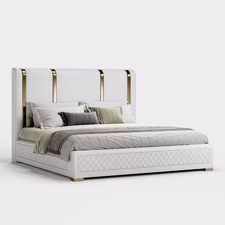 Angled shot of Tune upholstered bed in beige with quilted base, handcrafted luxury furniture.
