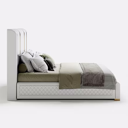 Profile view of Tune beige upholstered bed with padded headboard, available in king and queen sizes.