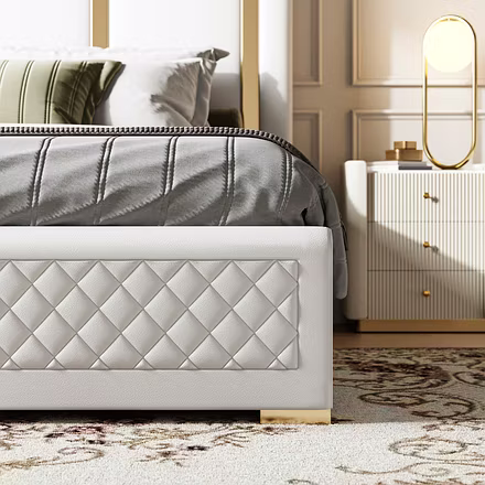 Close-up of beige upholstered bed with quilted detailing, Tune customisable king and queen bed.