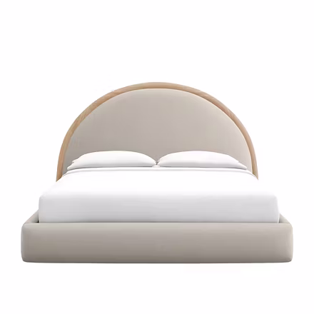 Hope upholstered bed — front view of the low-profile platform and curved teakwood arch headboard; av