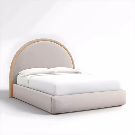 Hope upholstered bed — three-quarter angled view showing teak arch headboard and rounded fabric-wrap