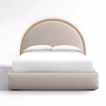 Hope upholstered bed — straight frontal shot highlighting smooth upholstery and teak arch headboard
