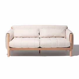 (Front View): Minimalist teakwood sofa with quilted ivory cushions – modern wooden couch by Woodkraf