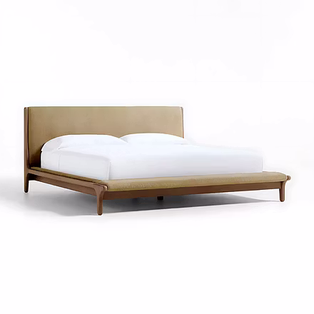 Low-profile teakwood platform bed with upholstered headboard and integrated foot bench in beige fabr